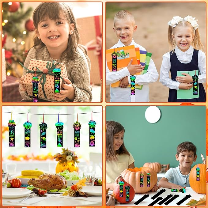 JUNEBRUSHS 30Pcs Fall Scratch Bookmarks, Rainbow Magic Scratch Paper Art Hello Fall Autumn Leaves Pumpkin Turkey DIY Crafts Kit for School Classroom Activity Thanksgiving Party Favor