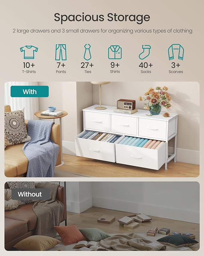 SONGMICS Dresser for Bedroom, Chest of Drawers, Steel, MDF, 5 Non-Woven Fabric Drawers, Storage Organizer Unit, Closet, Entryway, Cloud White and Snow White ULGS322W01S