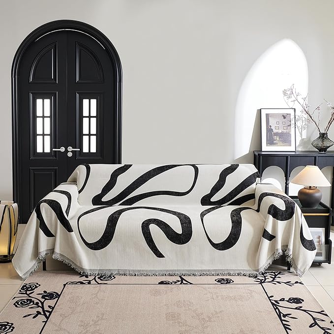 MYSKY HOME Boho Couch Cover Super Soft Couch Covers for 2-3 Cushion Couch Sofa, Modern Black Jacquard Sofa Slipcover Loveseat Futon Cover, Couch Covers for Sectional Sofa, 71" x 102", Black Curve
