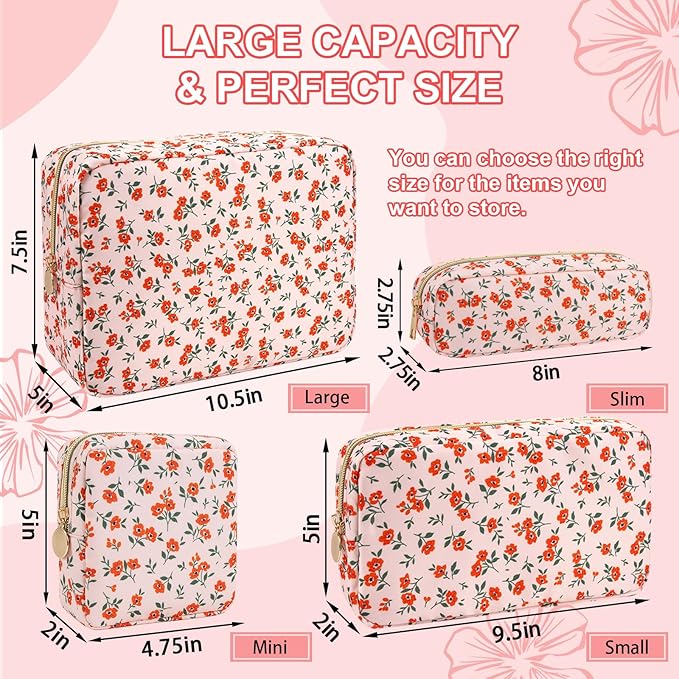 UIXIZQ Waterproof Large Floral Makeup Pouch,Nylon Travel Toiletry Storage Purse Preppy Cosmetic Bag for Women Girl,Large Capacity Makeup Organizer Zipper Pouch for Work(L Pink-Flowers)