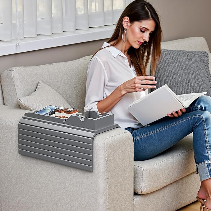 Bamboo Couch Armrest Table, Sofa Arm Tray with Detachable Couch Cup Holder- 2 in 1 Anti-Slip Foldable Sofa Armchair Caddy Table for Drinks Cellphone TV Remote Snacks (Gray)