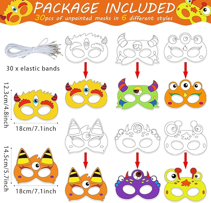 36 Set Monster Coloring Mask Halloween Paper Arts Crafts Kid Color Your Own Animal Blank DIY Mask Masquerade Birthday Dress-Up Party Decoration Favor School Classroom Activity Game Supplies