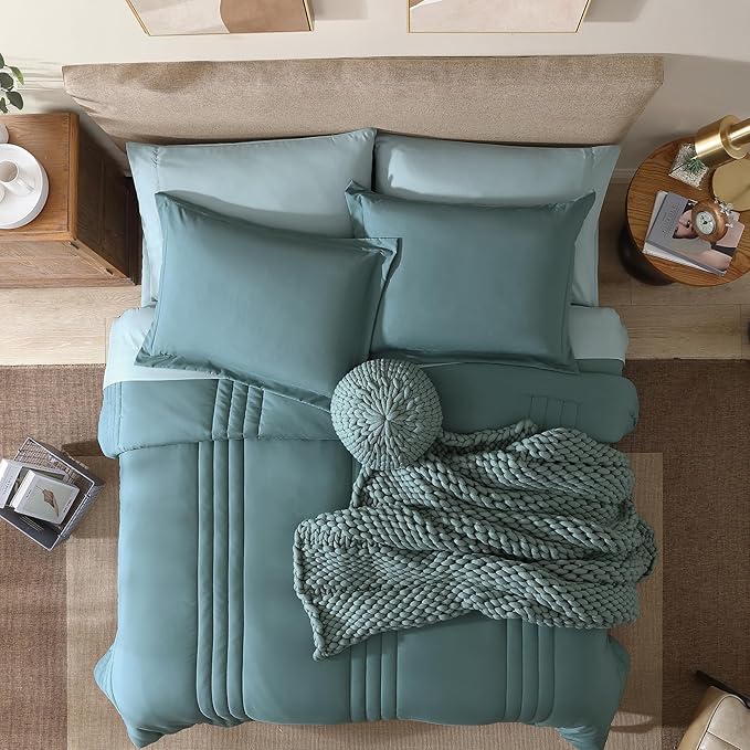 Monbix California King Size Comforter Set - 7 Pieces Bed in a Bag California King, Blue Green Bedding Sets, All Seasons Comforter Bed Set with Sheets, Pillowcases & Shams