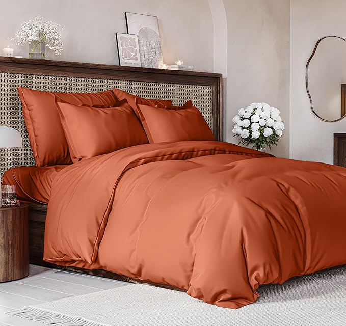 Duvet Cover Cal King Size Set - Extra Soft Cal King Size Duvet Cover 104 x 98 with 2 Pillow Shams - Hotel Luxury Easy Care and Fade Free w/Zipper Closures & Ties - Breathable Bedding Set (Terracotta)