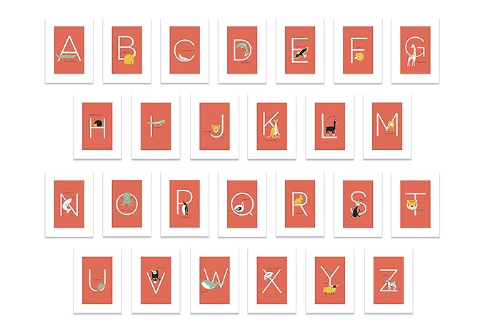 English Alphabets Flash Cards and Art Wall Cards - Set of 26 (5" x 7") Animal Alphabet Cards for Nursery Decor, Gifts, Kids Room, Classroom, by Kindred Sol Collective