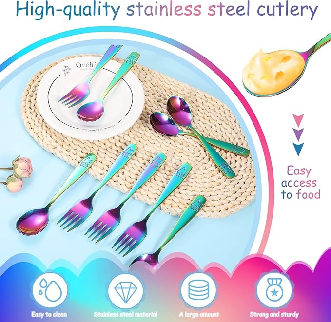 Pimoys 12 Pieces Toddler Utensils Kids Rainbow Silverware Set, Stainless Steel Childrens Safe Forks and Spoons, Metal Kids Cutlery Set, Dishwasher Safe