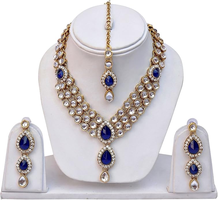 Aheli Indian Traditional Bollywood Kundan Maang Tikka Earrings Necklace Set Ethnic Jewelry Gift for Women Green Blue