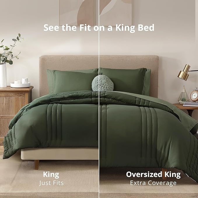 Monbix King Size Comforter Set - 7 Pieces Bed in a Bag King, Olive Green Bedding Sets with Comforter, All Seasons Comforter Bed Set with Sheets, Pillowcases & Shams