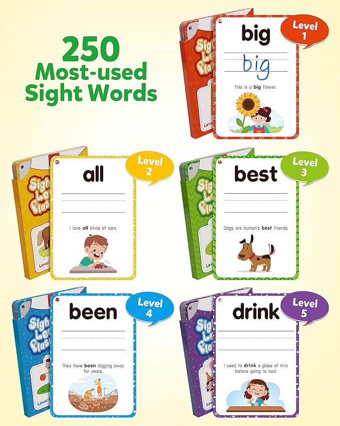 Coogam Sight Words Kids Learning Flash Cards, 250 Dolch Word Game Reading Vocabulary Card Montessori Toy for Kindergarten Preschool 3 4 5 Years Old Toddlers