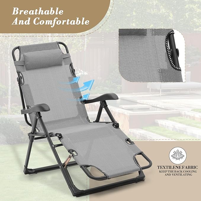 Athena Collection Zero Gravity Outdoor Lounge Chair Recliner, 27" Width Reclining Pool Lounge Lawn Chairs with Headrest and Curved Armrest, Outdoor Chaise for Beach Patio Backyard Outside, Grey