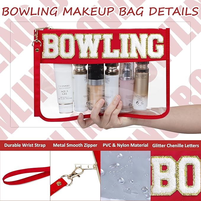 BuyCard 2 Pcs Bowling Gifts Makeup Bag with Chenille Letter Patch, Clear Cosmetic Pouch PVC Organizer Purse, Waterproof Travel Bag, Portable Toiletry Storage Bag for Her Girls Friends Women