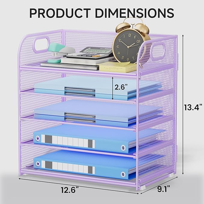 5-Tier Stackable Paper Organizer with Handle, Purple Metal Mesh Letter Tray | Elegant Desk File Sorter for Office, Home & Classroom Organization