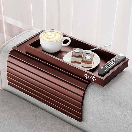 Bamboo Sofa Armrest Tray Table for Couch - 2-in-1 Foldable Couch Arm Table with Be Slide Detachable Tray- Anti-Slip Sofa Armchair Caddy for Drinks Cellphone TV Remote Snacks(Walnut)