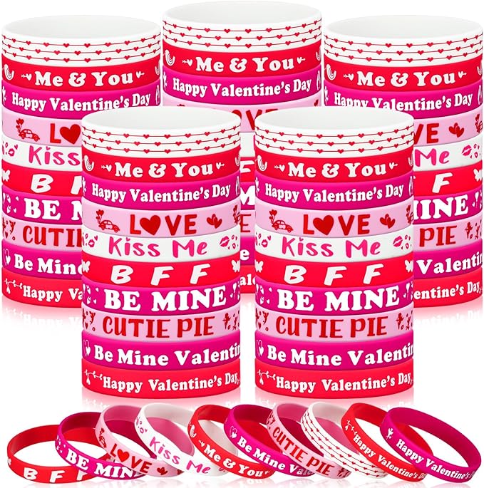 Hiboom 100 Pcs Valentine's Day Bracelets Bulk Silicone Wristband Red Pink Love Heart Accessories Gift for Valentine's Day Party Decorations Favors, 10 Designs