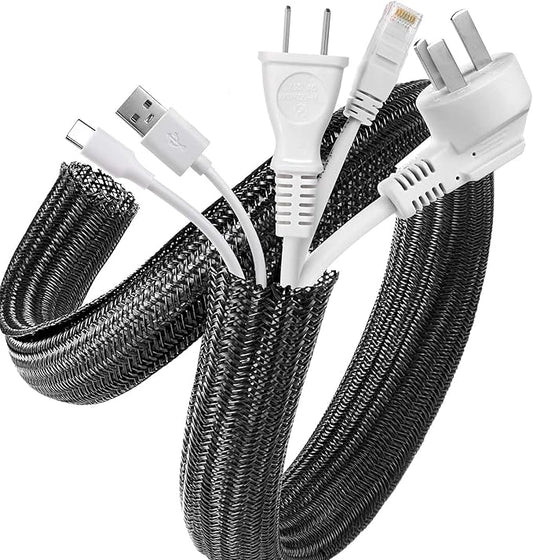 AGPTEK Cable Sleeve Cover, 20ft - 1 inch Desk Cord Organizer Cable Hider, Home Office Wire Management Computer TV Wire Loom Tubing, Pet Proof Cord Protector, from Cat Dog Chewing, Black