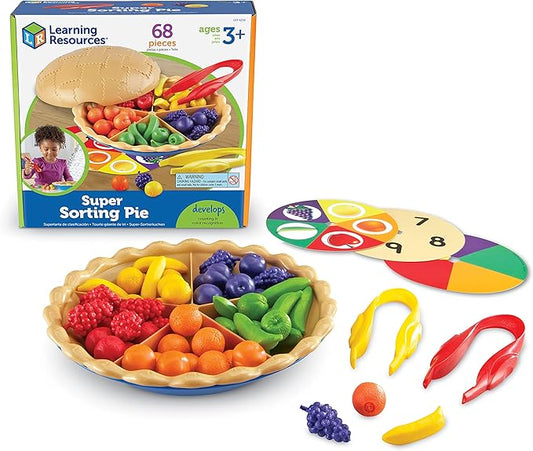 Learning Resources Super Sorting Pie - 68 Pieces, Ages 3+ Toddler Fine Motor Toy, Preschool Learning Games, Develops Counting and Color Recognition, Pretend Play Food, Kids Tweezers
