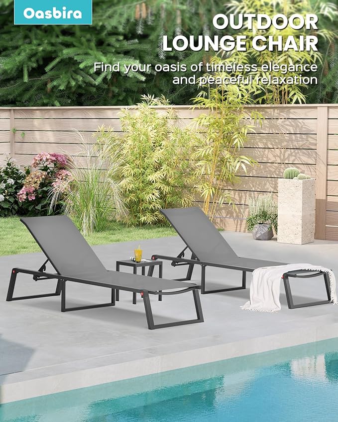 Aluminum Chaise Lounge Chair Outdoor, Foldable & Assembly Free Patio Pool Lounge Chairs 5-Position Recliner for Outside Poolside, Fully Grounded Legs Sun Lounger for Beach, Yard, Dark Grey