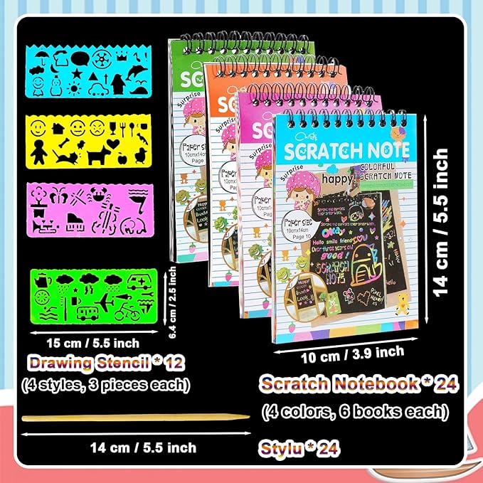 24 Pack Scratch Notebooks,Rainbow Scratch Paper Art Notebooks,Scratch Note Pads for Kids Rainbow Party Favors,Scratch Arts and Crafts Notebooks with 24 Wooden Stylus & 12 Drawing Stencils