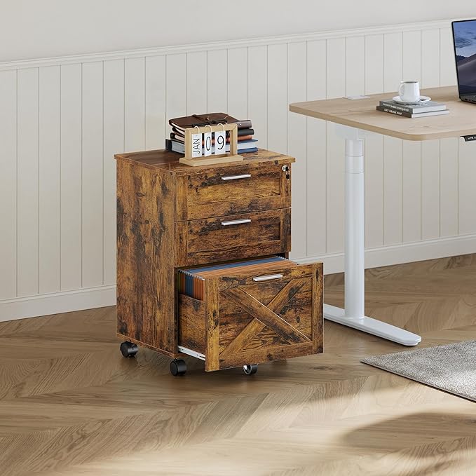 GarveeHome 3-Drawer File Cabinet with Lock, Mobile Under Desk Filing Cabinet for Home Office, Wood Storage Organizer for Letter/a4/Legal Size Documents