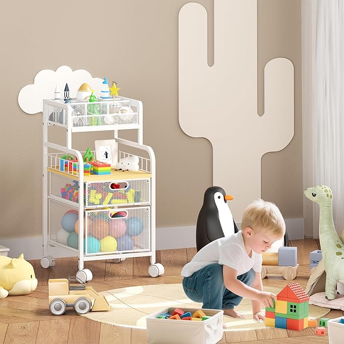 SWTYMIKI Rolling Cart with Drawers - Metal Utility Cart with Wood Shelf, DIY Divider and Locking Wheels, Craft & Art Cart Organizer for Under Desk Storage for Home Office Studio, White