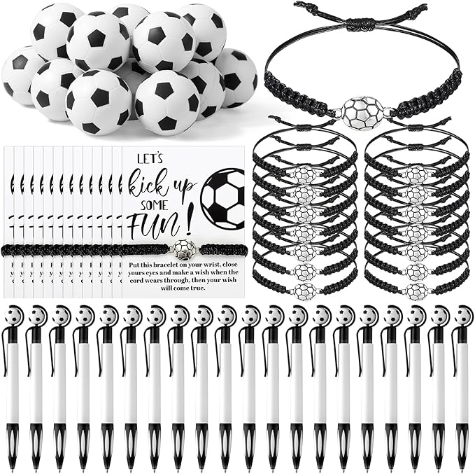 80 Pcs Soccer Team Gifts Set Bracelets Soccer Ball Ballpoint Pens Foam Stress Balls Kick Up Cards Adjustable Bracelets for Sports Reward Birthday Party Supplies