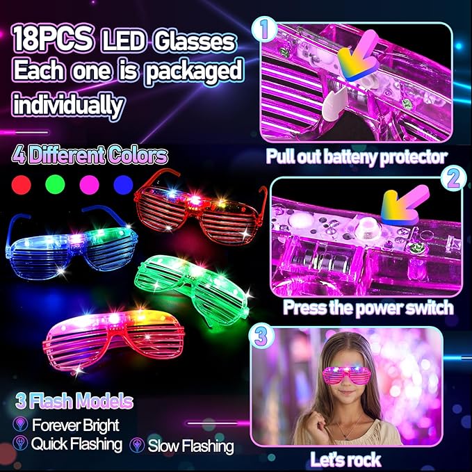 180PCS Glow in the Dark Party Supplies, 18PCS Light Up Wand, 18PCS LED Glasses, 30PCS Finger Lights and 100PCS Glow Sticks Necklaces Bracelets, Light Up Party Favors for Kids Adults, Wedding, Birthday