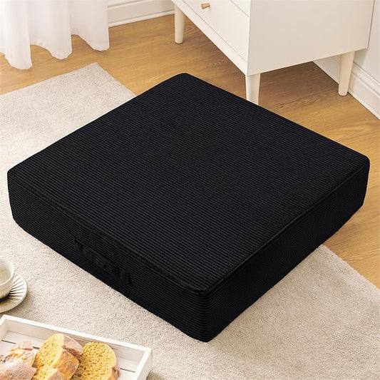 Wellsin Solid Square Floor Pillows for Adults Kids - Large Meditation Floor Pillow Seating Cushion with Thick Foam & Washable Velvet Cover, 1 Pack, 22x22x5 Inch, Black