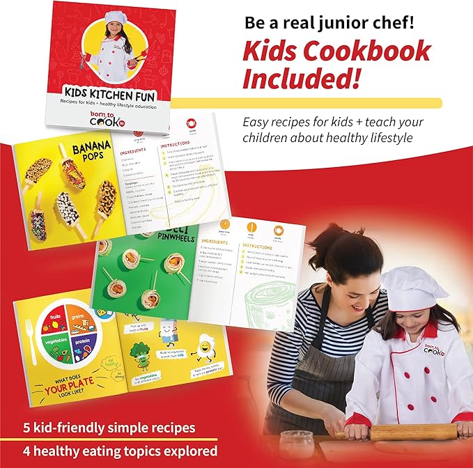 Born Toys Chef Costume for Kids w/ Chef Hat for Kids Ages 3-7, Kids Kitchen Accessories Set w/ Fun Recipe Book, Cooking Set for Kids Costume Washable and Dress Up & Pretend Play for Boys & Girls