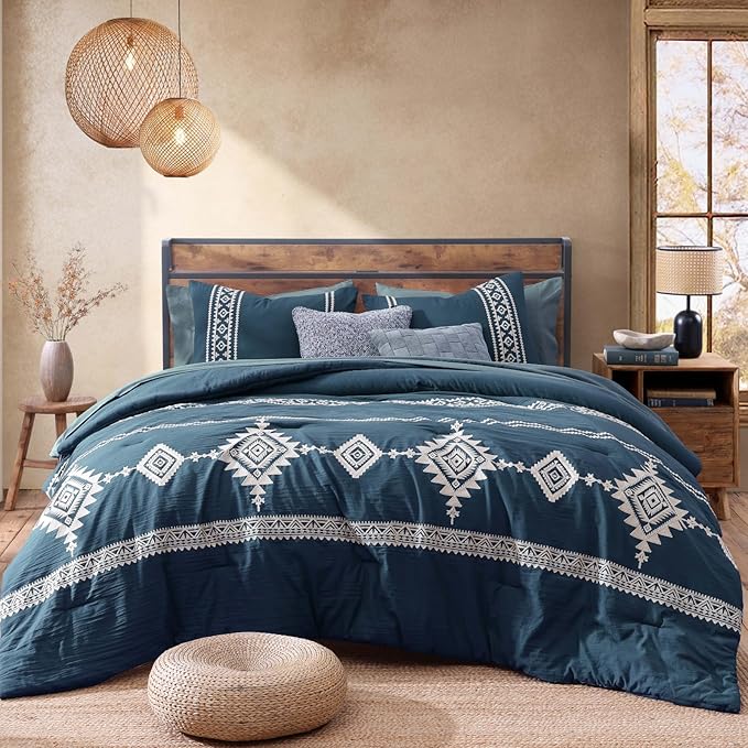 MaiRêve Embroidery King Size Comforter Set Navy Blue, Boho Farmhouse Western Bedding Set 7 Pieces, All Season Bed in A Bag Comforter Set with Sheets, Pillowcases & Shams
