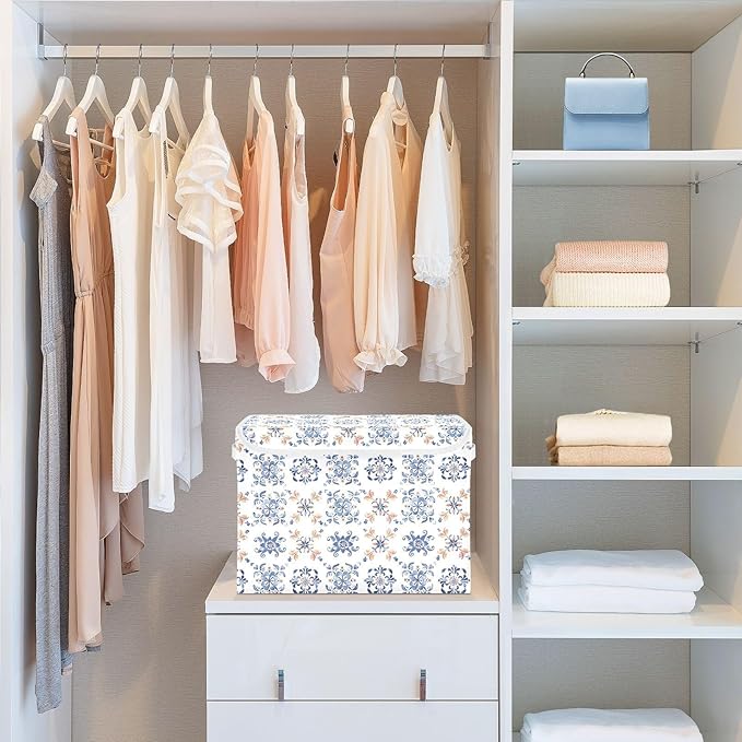 senya Large Storage Bins with Linen Collapsible Foldable Storage Cubes Fabric Closet Organizer Containers box with Flip-Top Lid for Home Bedroom Office 16.7 x 12.6 x 11.8in (Dutch Tiles)