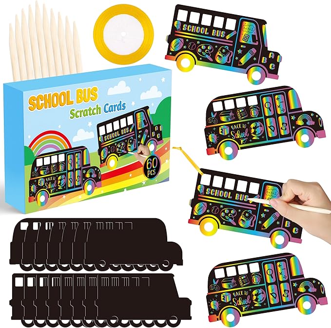 B1ykin School Bus Scratch Cards Gift - Back to School Magic Bus Scratch Paper Art Kit for Kids, DIY First Day of School Scratch Off Hanging Card Party Favors for Classroom Activity Art Project