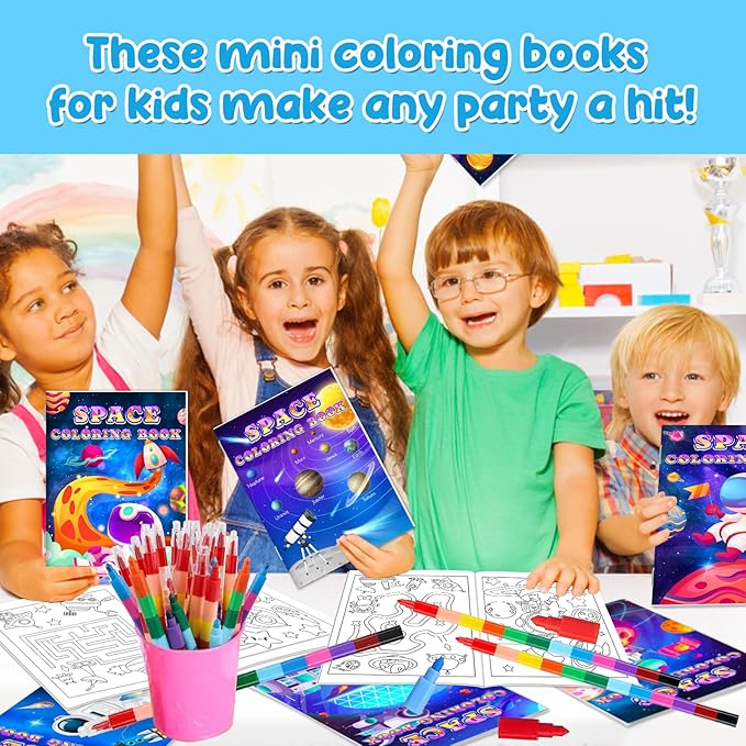 24Pcs Outer Space Coloring Books for Kids with 24 Stacking Crayons Mini Coloring Book Party Favors Bulk Gifts Alien Astronaut Small Activity Books For Birthday Party Goodie Bags Stuffer Classroom