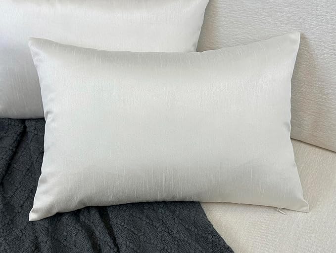 Aiking Home 12x18 Inches Faux Silk Rectangular Throw Pillow Cover, Zipper Closure, Ivory (Set of 2)