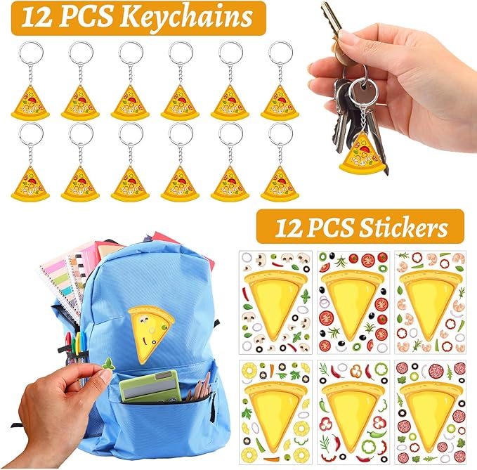 60 Pcs Pizza Party Favors Set Temporary Tattoos, Slap Bracelets, Keychains, Badges and Stickers for Pizza Themed Birthday Parties