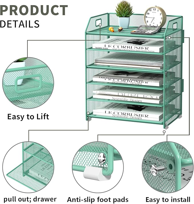 6 Tier Desk Organizer, Heavy-Duty Thick Metal Letter Tray Organizer, Large Capacity Desktop File Organizer for Heavy Files, Easy to Assemble for Home, Office & Classroom,Black,Green