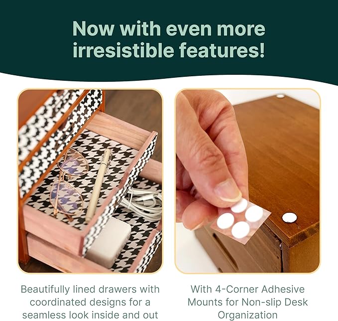 Houndstooth Pattern Wooden Desk Organizer - 4-Drawer Desktop Storage - Modern & Rustic Wood Cabinet for Office Supplies, Craft Tools, & Home Organization - Elegant Drawer Unit