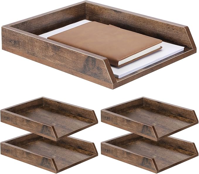 DoubleFill 4 Pcs Wooden Letter Trays Wood Letter-Size Desk Organizer Heavy Duty 2 Tier Stackable Supports Paper Tray Desktop Drawer Organizer File Folder Magazine Office Accessories (Dark Wood)