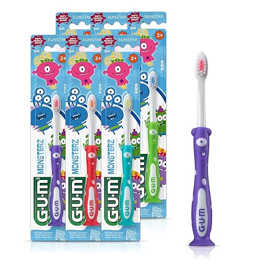 GUM Monsterz Children and Toddler Toothbrush, Soft Bristled Kids’ Toothbrush with Suction Cup, for Ages 2+, 1ct (6pk)
