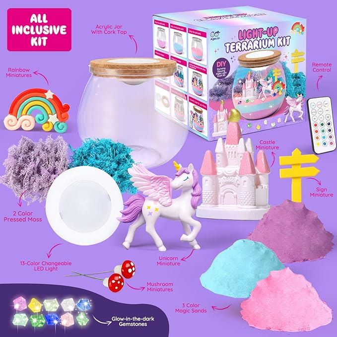 ACRABROS Unicorn Terrarium Kit for Girls: LED & Glow Stones Present for Birthday - DIY Art for Activity Toy Gift - Light up Decoration with Sand Set - Craft Idea for Kids Age 4 5 6 7 8-12 Year Old