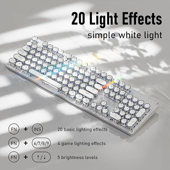 EWEADN TK100 Typewriter Style Wired Mechanical Keyboard, 104 Keys Aesthetic Typewriter Keyboard with White Backlit, Anti-Ghosting, Blue Switch Wired Cute Keyboards-White