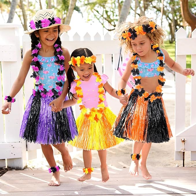 Fortuning's JDS Hawaiian Hula Grass Skirt for Girls Elastic Flower Costume Kids Outfits for Luau Tropical Beach Party Decor