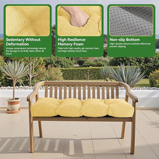 Waterproof Bench Cushion 42 Inch - Oliven Fabric, High-Density Foam, Non-Slip Bottom, Soft Durable Outdoor Tufted Long Seat Cushion for Window Garden Furniture (Yellow, 42x16x4 Inch)
