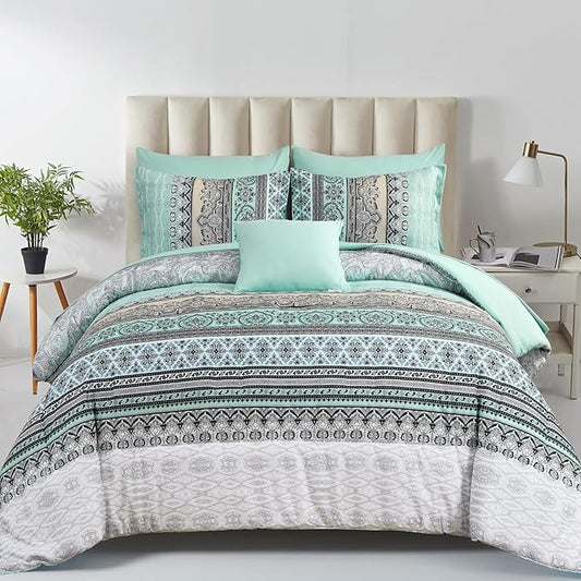 Cottolester Boho Comforter Set Queen Size,8 Piece Bed in a Bag Sage Green Paisley Comforter and Sheet Set,Striped Bedding Set Soft Microfiber Complete Bedding Set