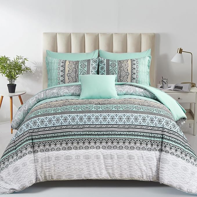 Cottolester Boho Comforter Set King Size,8 Piece Bed in a Bag Sage Green Paisley Comforter and Sheet Set,Striped Bedding Set Soft Microfiber Complete Bedding Set
