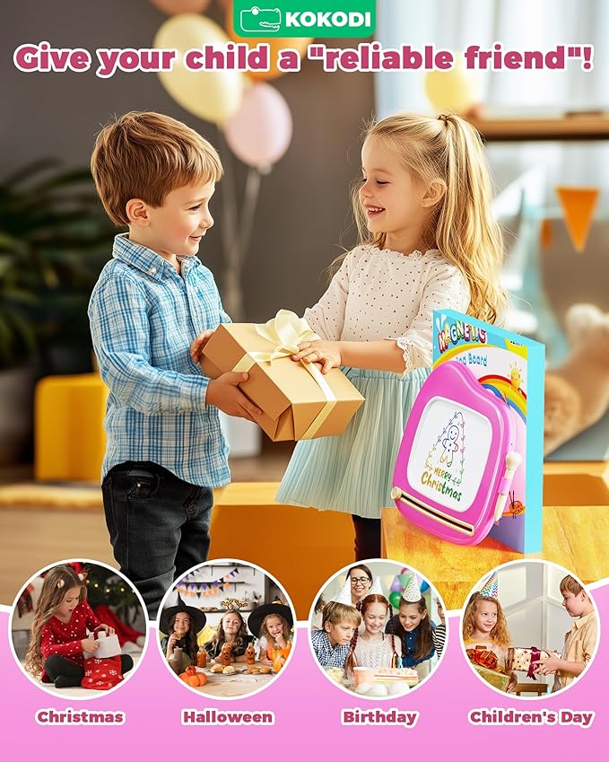 KOKODI Toys Gifts for 1 2 3 Years Old Girl, Sturdy Magnetic Drawing Board Sketch Doodle Pad, Educational Learning Birthday Easter Gifts Basket Stuffers for Kids Toddler - Left Hands Friendly (Rose)