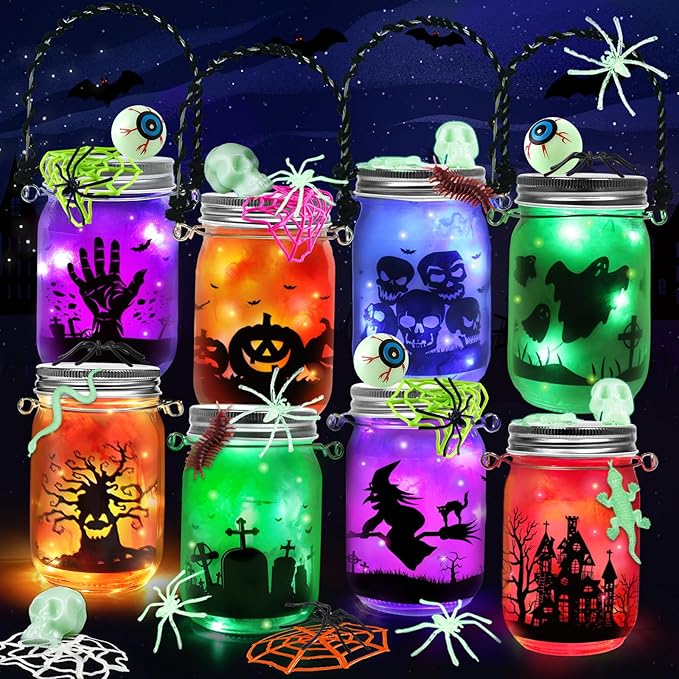 Halloween Crafts for Kids, 8 PCS Halloween Mason Jar with Accessories for DIY Craft, Halloween Art Party Favor Supplies, Halloween Decoration Trick or Treating, Classroom Halloween Art Activities