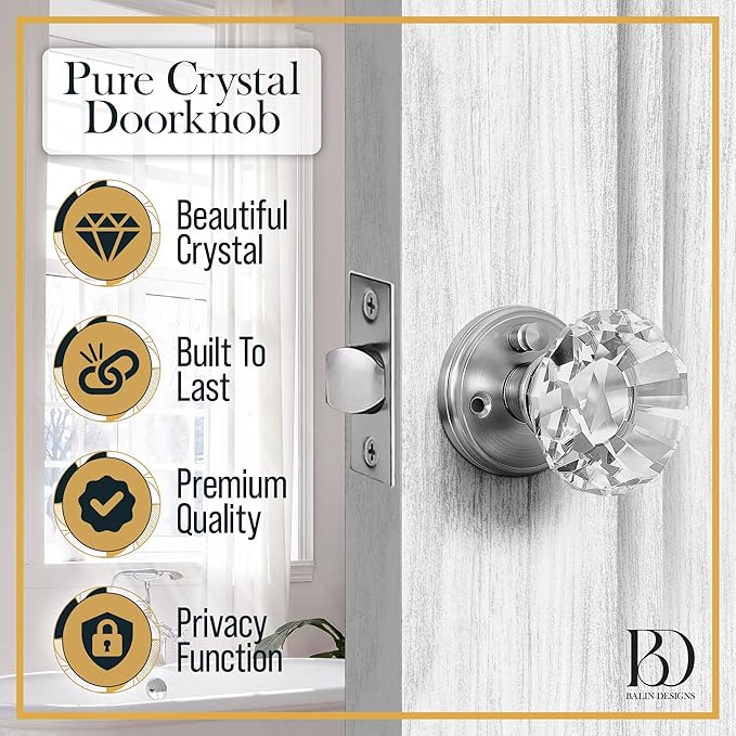 Silver Crystal Door Knob with Lock, Glass Door Knobs Interior Privacy Set, Vintage Decorative Antique Style Handle for Bedroom, Bathroom, Closet, 1 Pack
