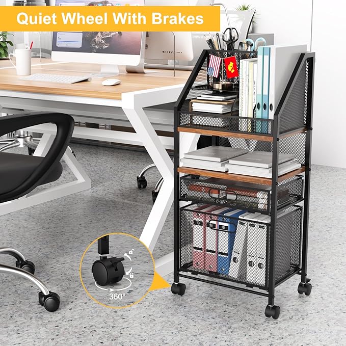 Rolling File Cart with 2 Storage Drawers Multipurpose Book Letter Organizer Carts with Lockable Wheels Wood&Mesh Rolling File Organizer Space-Saving Cart for Office Supplies