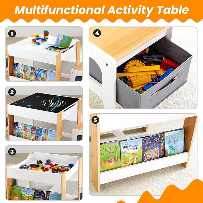 Asweets Kids Table and Chair Set,4 in 1 Toddler Desk with Storage Drawer,Wooden Activity Table for 2 in 1 Detachable Tabletop,Bookshelve,Suitable for Classroom,Home, Nursery, Playroom (Pure White)
