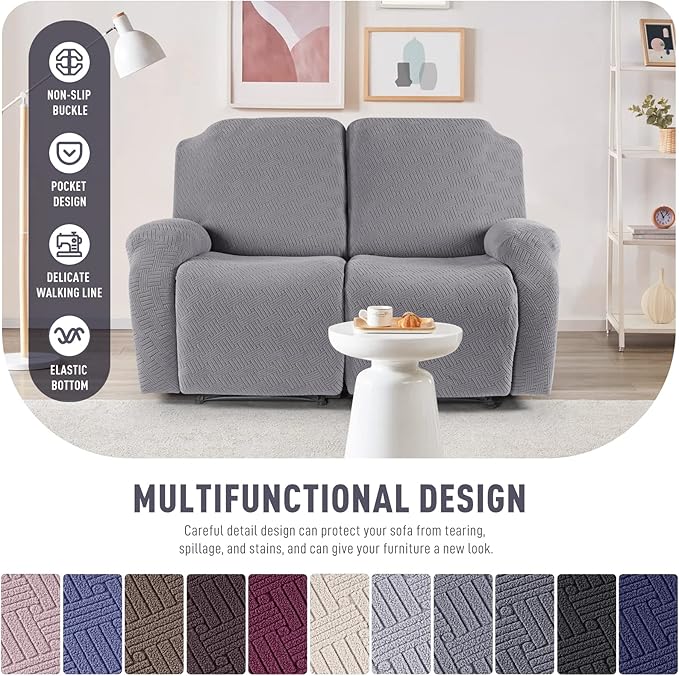KinCam Recliner Covers, Stretch Reclining Chair Covers, Recliner Sofa Slipcovers Stripe Jacquard Recliner Couch Covers Furniture Protector Covers for Pet Kid (2 Seater, Light Gray)